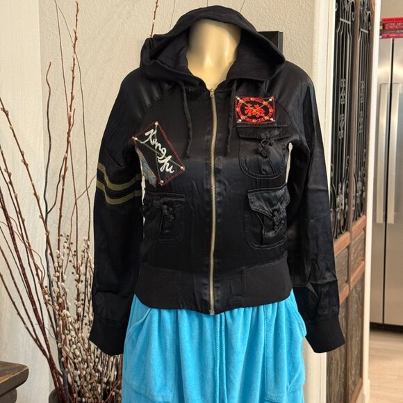 Riley Black Satin HOODED JACKET w/ Embroidery over patches / 3 front pockets - Picture 6 of 7